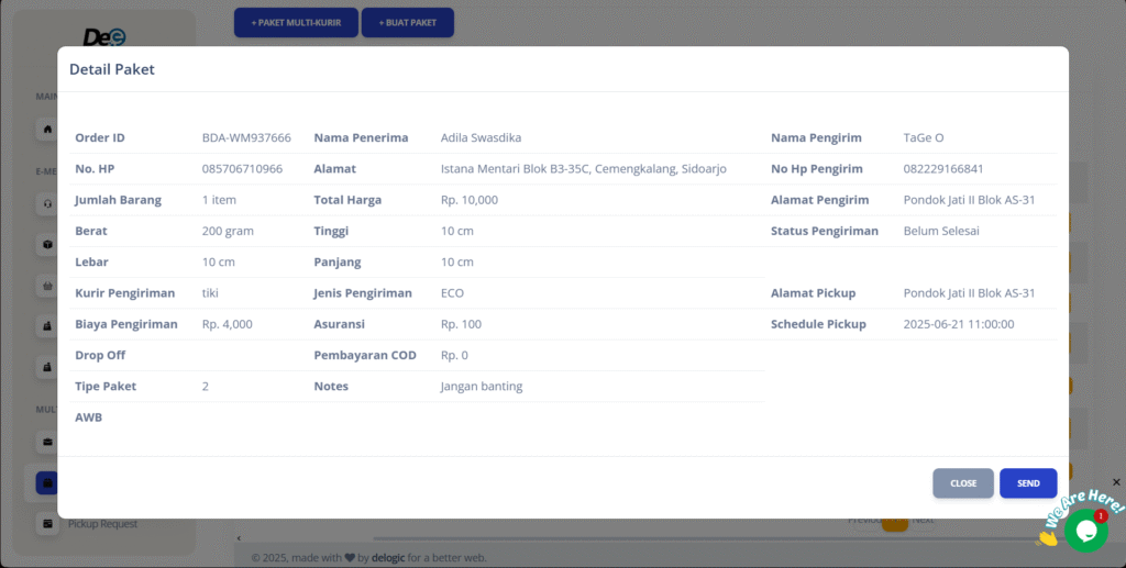 Klik “Send” untuk mengirimkan detail.
