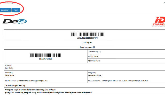 ● Klik tombol “Ekspor PDF” untuk mengekspor data dalam bentuk PDF.