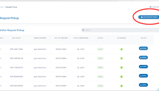 Klik tombol “Tambah Pickup Request”