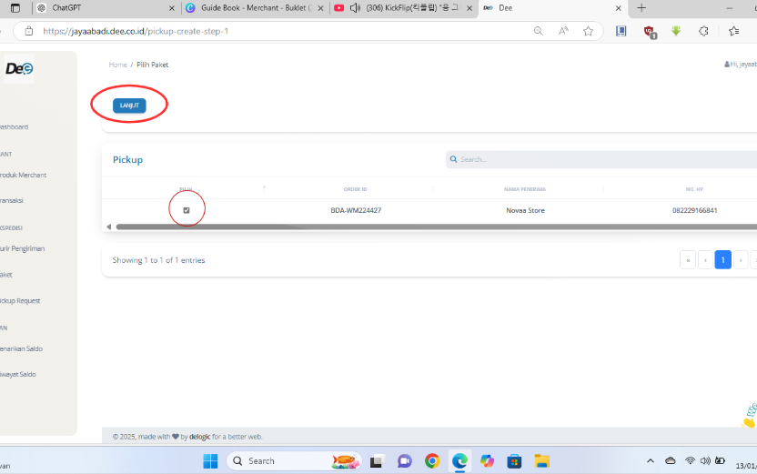 Pilih paket yang akan dipickup lalu klik tombol “Lanjut”.