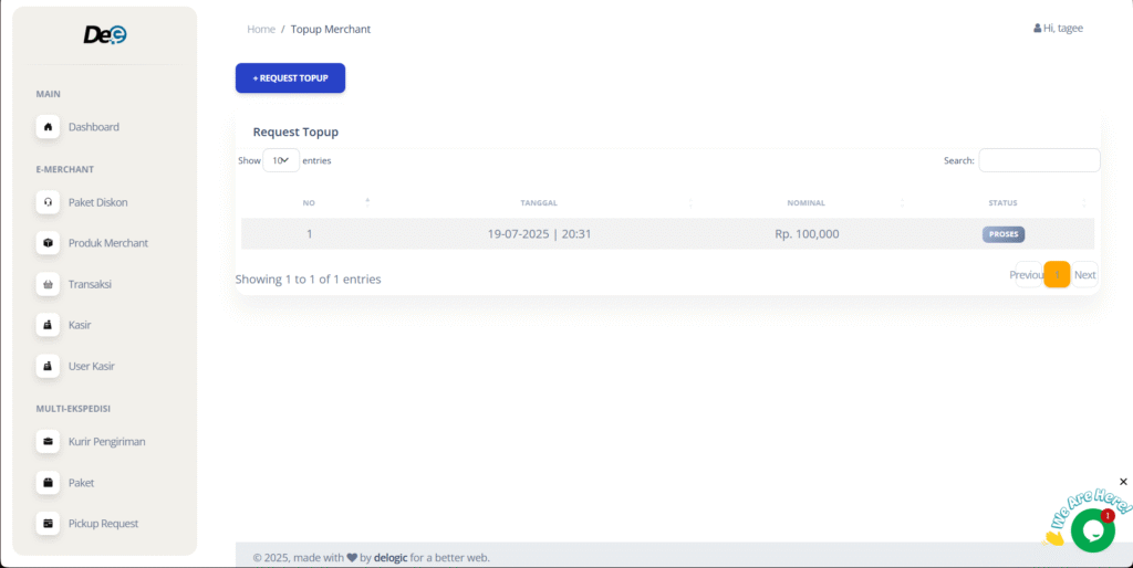 Pergi ke menu “Topup Saldo”. Klik tombol “Request Topup”.
