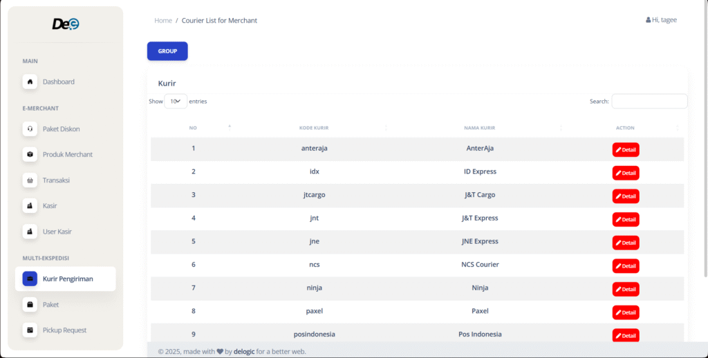 Pergi ke “Kurir Pengiriman”. Klik tombol “Group” untuk melihat pengelompokkan layanan kurir.