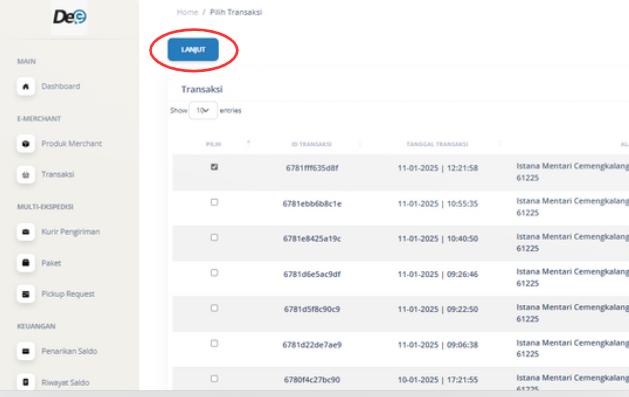 Pilih transaksi yang kamu inginkan dan klik tombol “Lanjut”.