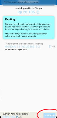 d. Lakukan pembayaran berdasarkan no.rekening yang telah kamu sediakan dan klik “Selesai”.