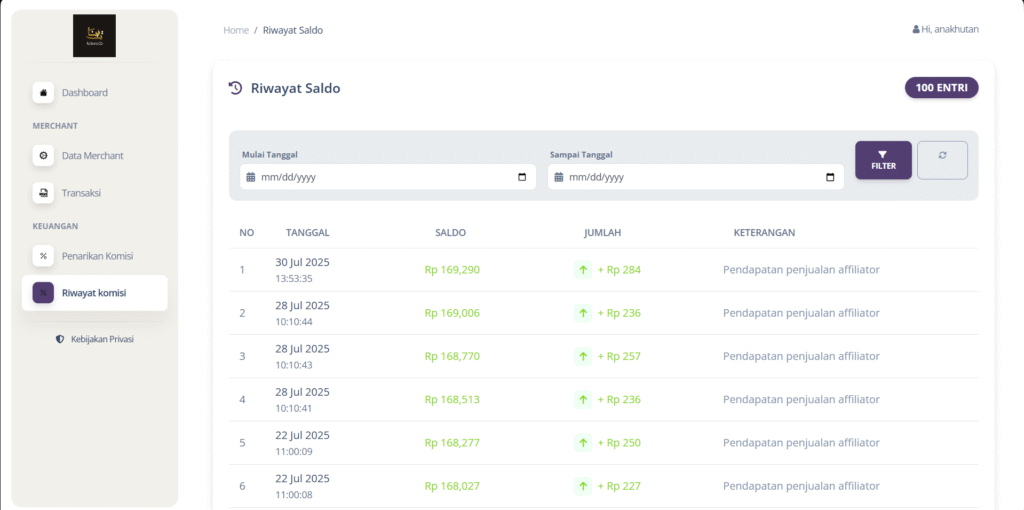 Di menu “Riwayat Komisi”, kamu dapat melihat riwayat keluar masuknya komisi kamu. kamu dapat memanfaatkan fitur filter untuk mencari riwayat komisi spesifik.