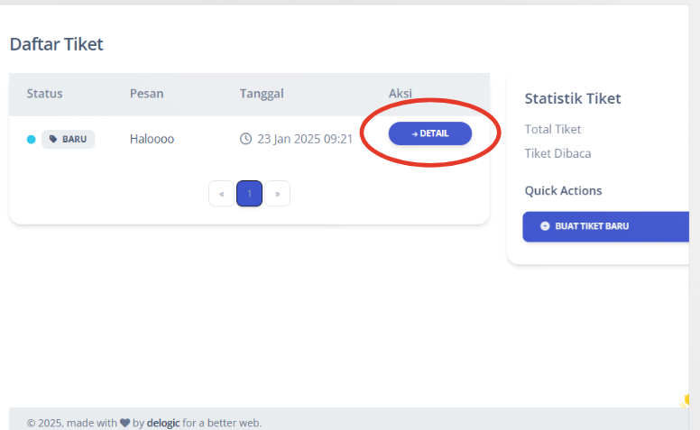 Klik Detail pada Ticket Chat untuk melihat riwayat percakapan dengan Customer Service.