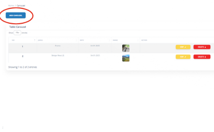 Pergi ke menu “Carousel”. Klik tombol “Add carousel” dan masukkan judul dan pilih gambar yang ingin ditambahkan