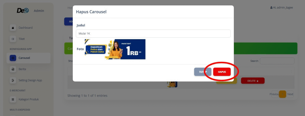 Jika ingin menghapus, cukup klik tombol “Hapus”. Konfirmasi data yang akan dihapus. Jika benar klik tombol “Hapus”