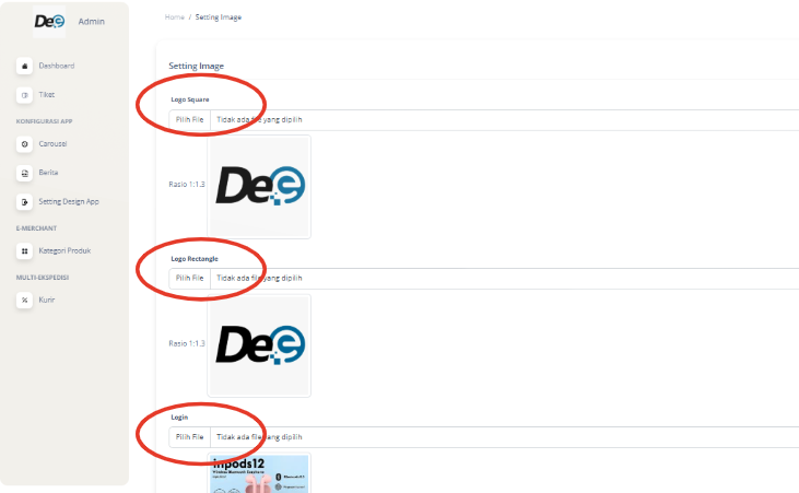 Pergi ke “Setting Images”, klik tombol “Pilih File” dan unggah gambar ke kategori yang diinginkan dengan rasio 1:1.3.