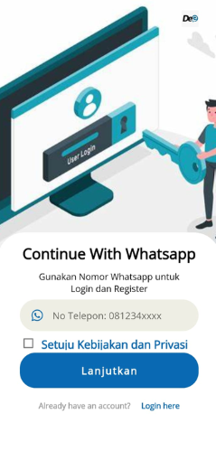 Masukkan nomor teleponmu yang aktif, setujui kebijakan dan privasi lalu klik “Lanjutkan”.