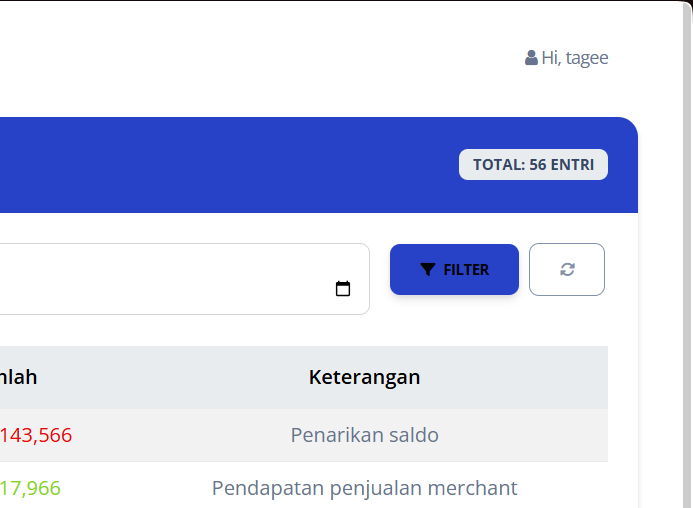 Klik tombol “Filter” untuk menampilkan riwayat saldo berdasarkan tanggal yang diinginkan