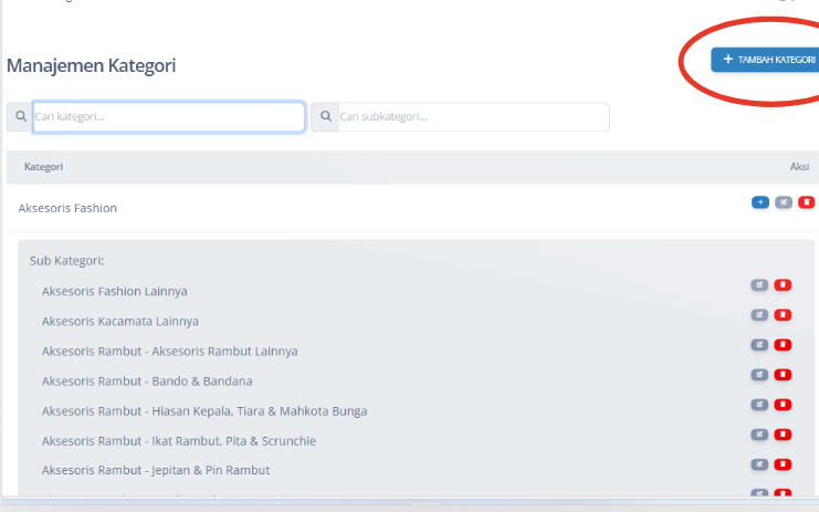 Klik tombol “Tambah Kategori” lalu klik tombol “Simpan”