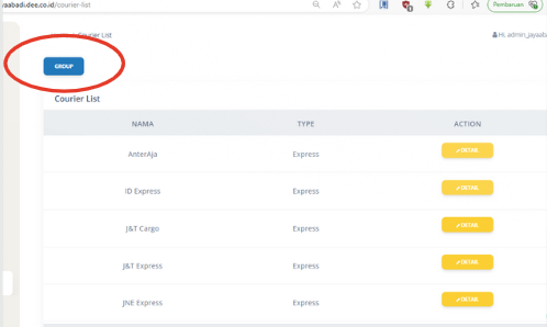 Klik tombol “Courier Group” untuk mengelompokkan layanan kurir sesuai kebutuhan pengiriman