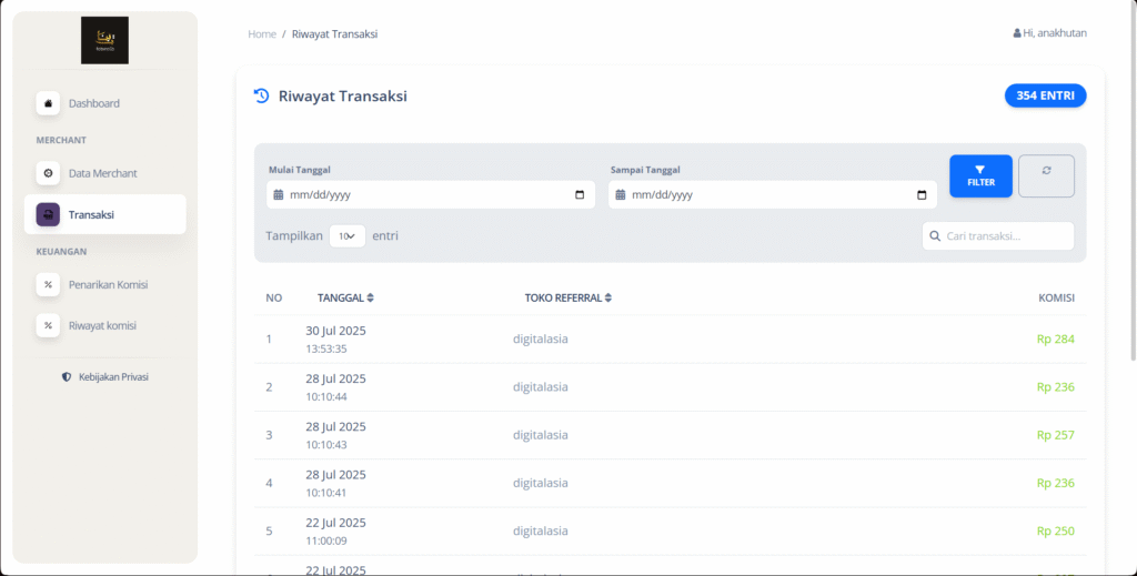 Di menu “Transaksi”, kamu dapat melihat riwayat transaksi yang telah kamu lakukan. kamu dapat memanfaatkan fitur filter atau search untuk mencari transaksi spesifik.